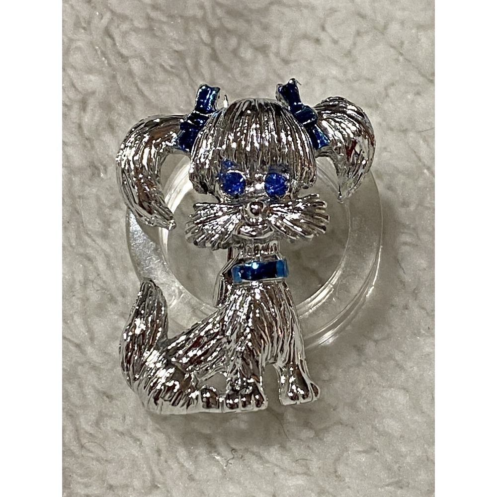 GERRY'S Silver Tone Yorkie Puppy Crystal Blue Eyes & Enamel Collar/Brooch Pin
